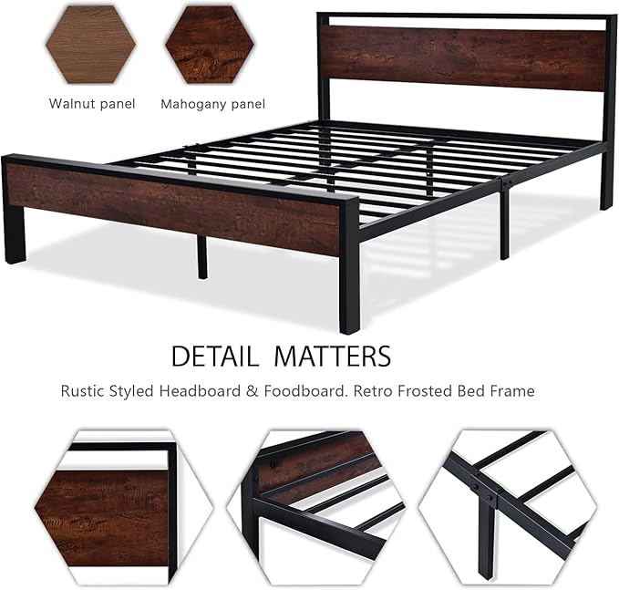 SHA CERLIN 14 Inch King Size Metal Platform Bed Frame with Wooden Headboard and Footboard, Mattress Foundation, No Box Spring Needed, Large Under Bed Storage, Mahogany
