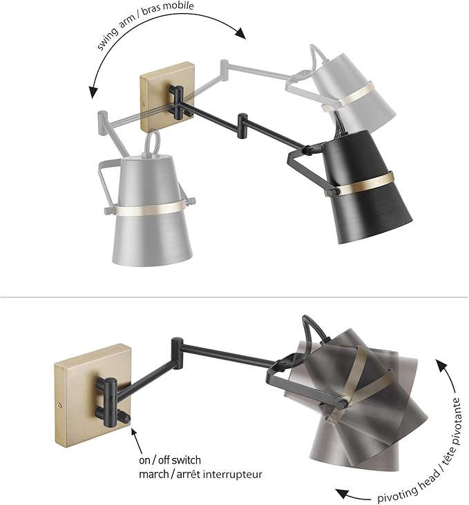 GLOBE Electric 51345 1-Light Plug-in or Hardwire Swing Arm Wall Sconce, Matte Black, Brass Accents, 6ft Black Woven Fabric Cord, Flat Plug, Rotary On/Off Switch, Wall Lighting, Bulb Not Included