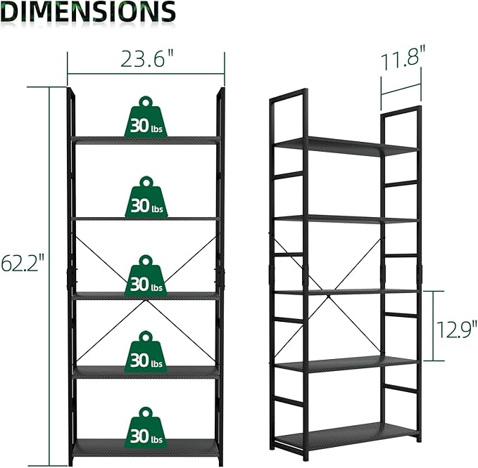 OTK 5 Tier Bookshelf, Tall Bookcase, Office Shelf Storage Organizer, Modern Book Shelf for Living Room, Bedroom, and Home Office, Carbon