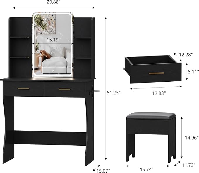 Small Vanity Desk with Mirror and Lights, Makeup Vanity with LED Lights, Black Vanity Mirror with Lighted Desk and Chair, 3 Lighting Adjustable Compact Dressing Table with Mirror for Women, Girls
