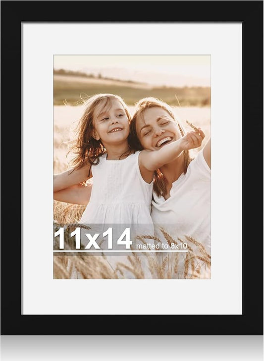 11x14 Picture Frame with Real Glass - 8x10 Wooden Frame with Mat, Horizontal and Vertical Display for Wall or Tabletop (Black, 1 Pack)