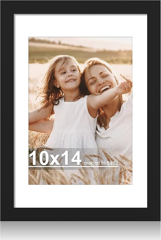 10x14 Picture Frame with Real Glass - 8x12 Wooden Frame with Mat, Horizontal and Vertical Display for Wall or Tabletop (Black, 1 Pack)