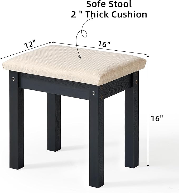 LEYAOYAO Vanity Stool, Elegant Makeup Stool with Comfortable Fabric Cushion, Sturdy Wooden Frame, Modern Vanity Bench for Bedroom and Bathroom-Classic Black