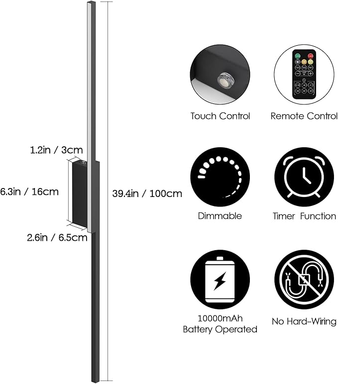 Aipsun 39.4inch Black Battery Operated Wall Sconce Set of 2, Rechargeable Wall Sconce Lighting Dimmable Wireless Wall Lights for Living Room,Bedroom