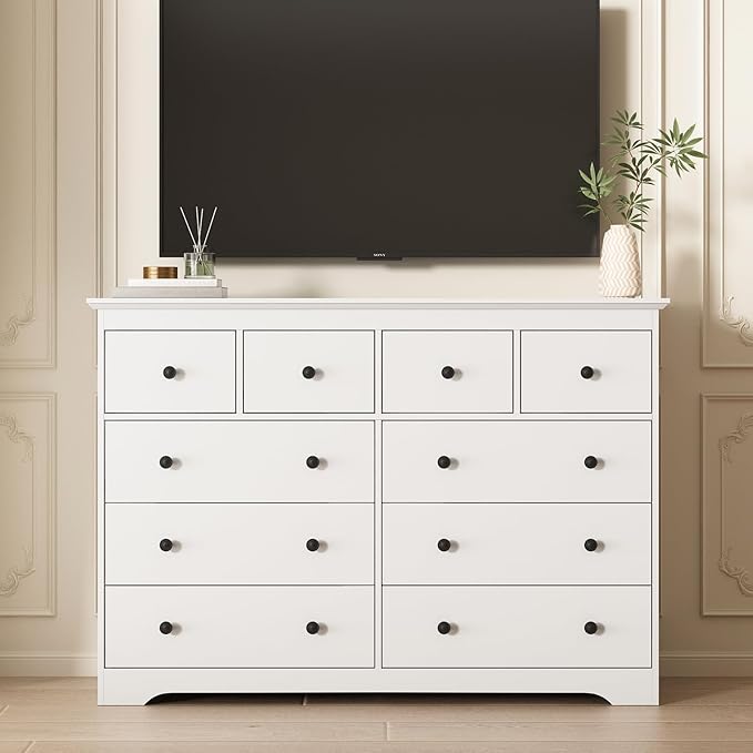 LYNSOM Modern 10 Drawer Dresser, 55.1" Wide Dressers & Chests of Drawers with Large Capacity Storage, Mid Century White Dresser for Bedroom, Hallway, White