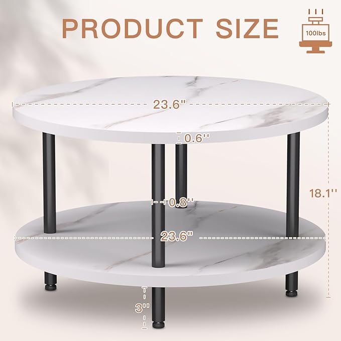 Round Coffee Table, 23.6" Circle Coffee Table for Living Room, 2-Tier Wood Accent Center Table with Open Storage Industrial Design Home Furniture, White