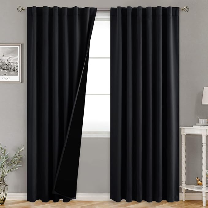 BGment Full Blackout Curtains with Thermal Insulation Liner Curtains 95 Inches Long, Rod Pocket and Back Tab Double Layer Room Darkening Window Curtain for Bedroom(52 x 95 Inch, 2 Panels, Black)