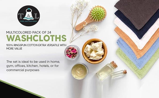 Towel and Linen Mart 100% Cotton - Wash Cloth Set - Flannel Face Cloths, Highly Absorbent and Soft Feel Fingertip Towels (Multi 12, Pack of 12)