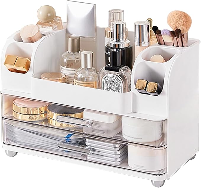 DASITON Large Capacity Makeup Organizer for Vanity with 2 Drawers, Skincare Organizers with Makeup Brush Holder, Cosmetic Display Case for Dresser Vanity Bathroom Countertop (White)