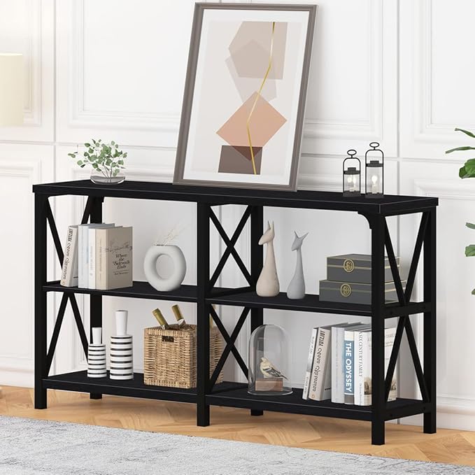 IBF Black Console Table, Modern Sofa Table Behind Couch, Industrial Entryway Table for Hallway Living Room, Farmhouse Wooden Metal Entry Table for Foyer with 3-Tier Storage Shelves, Black Oak, 55 Inch