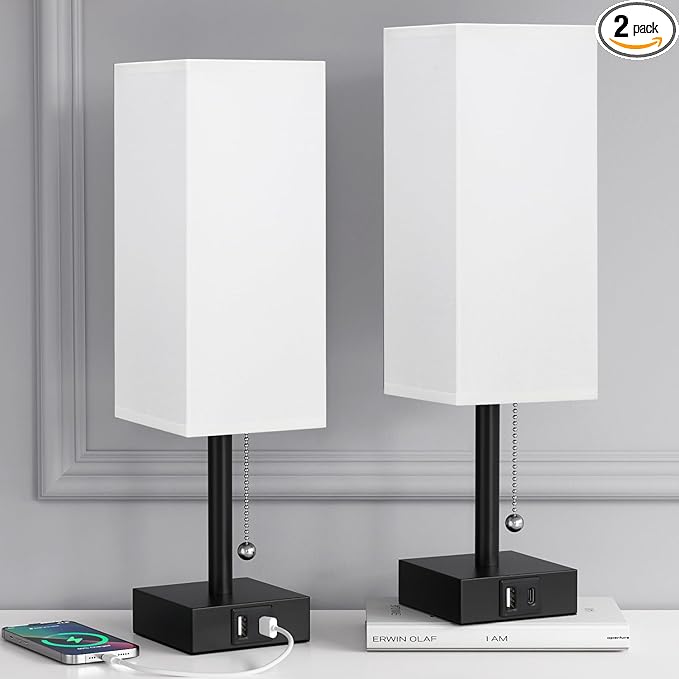 Bedside Table Lamps Set of 2 - Small White Bedroom Lamps with 3 Color Temperatures (3000K/5000K/4000K), Square Nightstand Lamp with USB C + A Charging Ports, Pull Chain Night Light