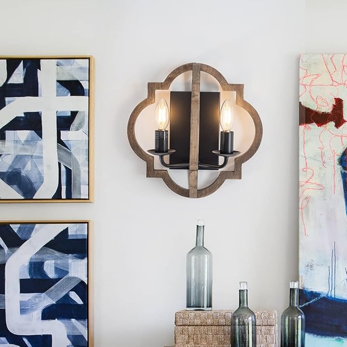 VILUXY Wood Wall Sconces Retro Industrial Wall Light Farmhouse Geometric Bedside Wall Lamps Fixture Black Wall Mount Sconces for Bedroom, Hallway, Entryway, Passway, 2 Pack