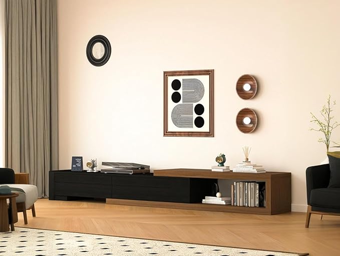 82-115" W Extendable TV Stand for TVs up to 120", Wood Modern Entertainment Center with 2 Large Drawers, Media Console Table for Living Room, Black