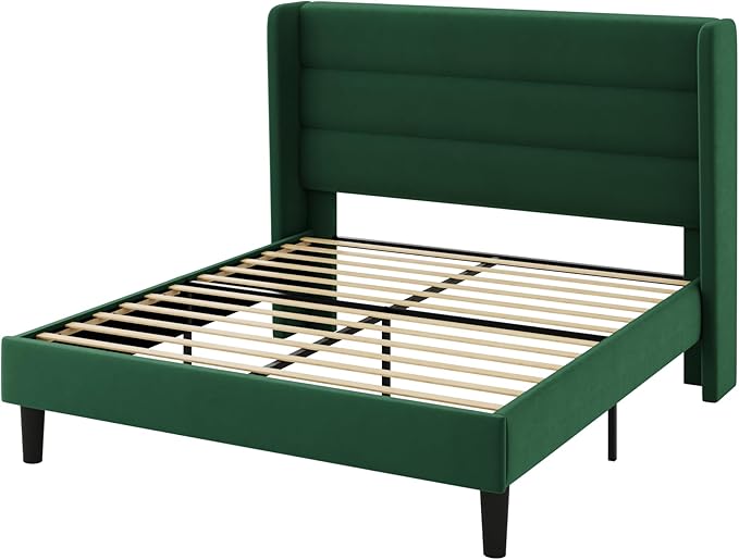 Allewie Queen Size Platform Bed Frame with Velvet Upholstered Wingback Headboard, No Box Spring Needed, Under Bed Storage Space, Strong Wooden Slats, Modern Mattress Foundation, Easy Assembly, Green