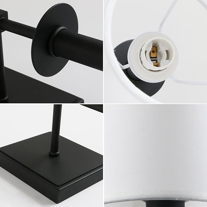 PERMO Set of 2 Classic Rustic Industrial Wall Sconce Lighting Fixture with Flared White Textile Lamp Shade and Black Tapered Column Stand, Hardwired, E26