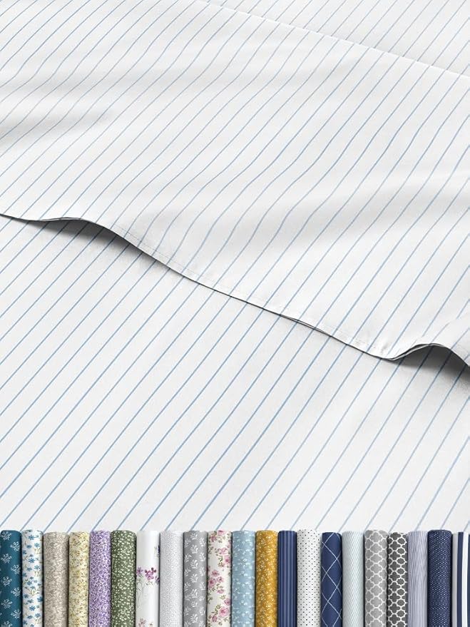 Sky Blue and White Striped Sheets - 1 Flat & 1 Fitted Sheet & 2 Pillowcases w/ Deep Pockets - Wrinkle & Fade Resistant - Ultra-Soft, Breathable & Cooling - Pinstripe Patterned Bed Set - King Size