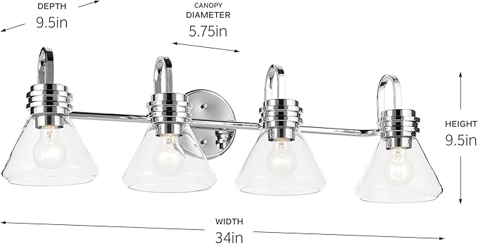 Kichler Farum 34" 4-Light Vanity Light with Clear Glass in Chrome for Single or Double Vanity, Over a Mirror, Powder Room, Bathroom, (34" W x 9.5" H), 55156CHCLR