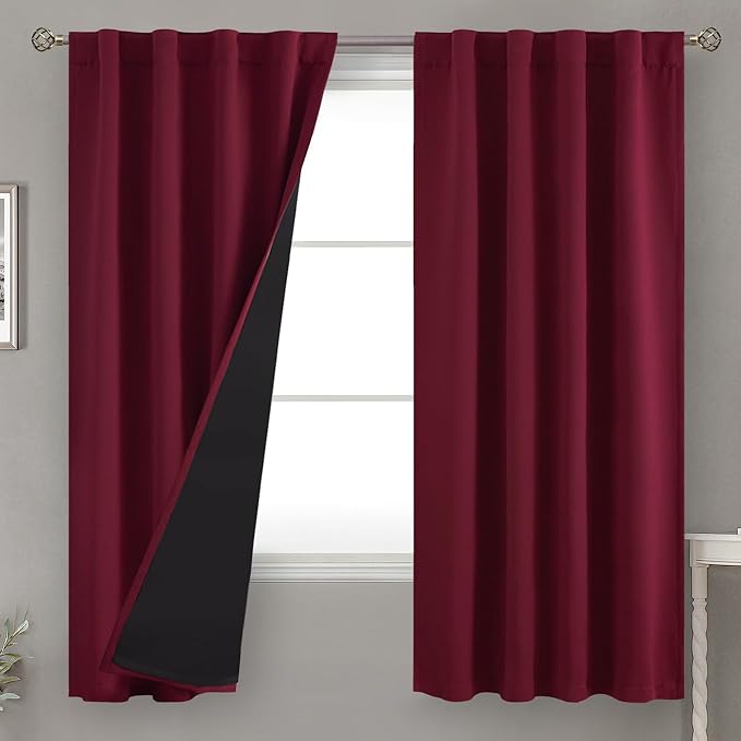 BGment Burgundy Red 100% Blackout Curtains 63 Inches Long with Thermal Insulated Liner, Rod Pocket and Back Tab Double Layer Full Room Darkening Window Curtain for Bedroom, 2 Panels,Each 38 x 63 Inch