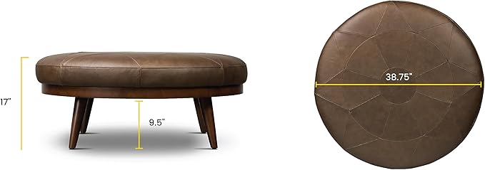 POLY & BARK Gio Ottoman – 30” Round with Feather-Down Topper – Full-Grain Leather Upholstery – Couch Ottoman for Living Room – Vintage Italian Leather in Cocoa Brown