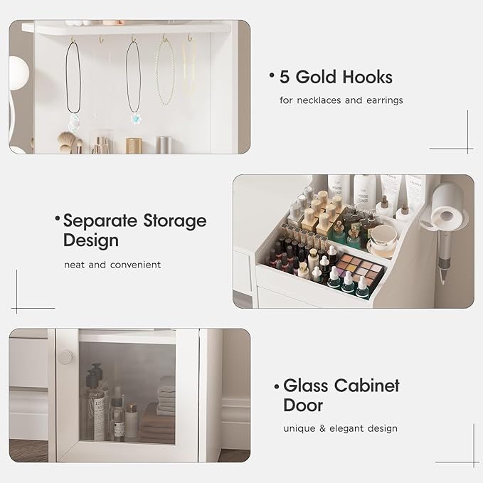 Vabches Vanity with Mirror and Lights, Makeup Vanity Table with Charging Station, Cute Vanity Set with Comfortable Bench, Dressing Table with 3 Storage Compartments, 39.8inch, White