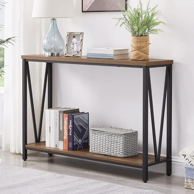 FOLUBAN Rustic Sofa Console Table, 2-Tier Industrial Entryway Hallway Table for Living Room, Oak
