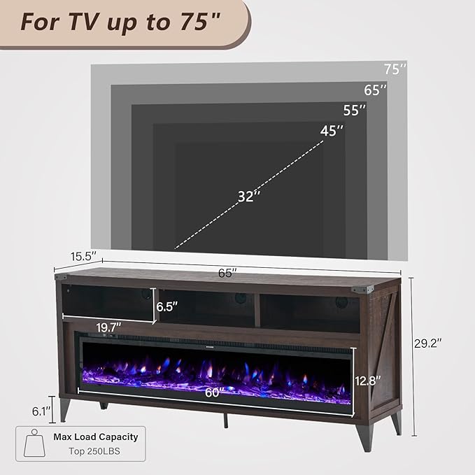 65“ Farmhouse Fireplace TV Stand, Industrial Entertainment Center with 60" Tempered Glass Electric Fireplace, Media Console with Open Storage Space for TVs up to 75", Espresso