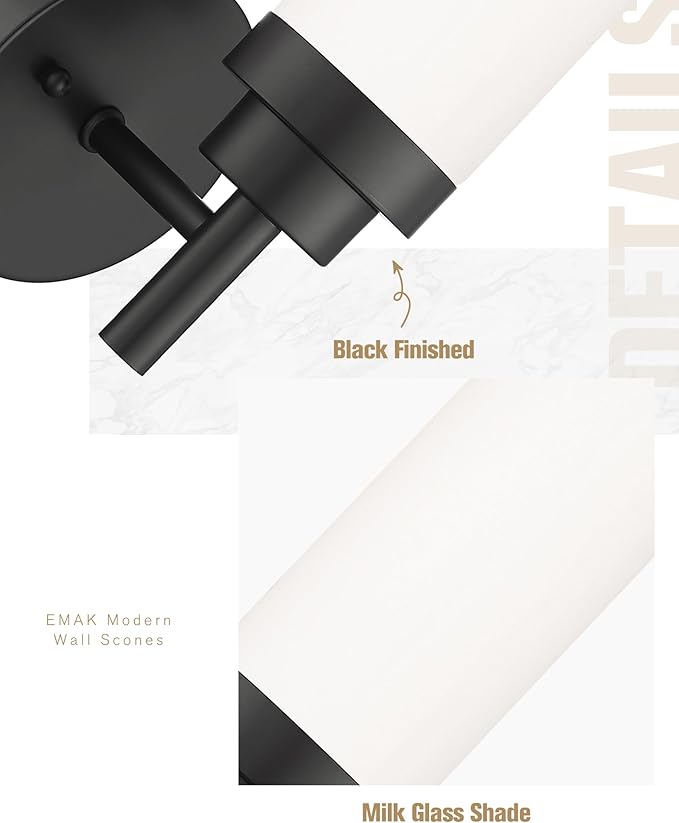 Emak Modern Wall Sconce Set of 2, Black Bathroom Light Fixtures with Milk Glass Shade, Farmhouse Wall Lamp for Bathroom, Bedroom, Living Room, Hallway, WS085-BK-ML-2PK
