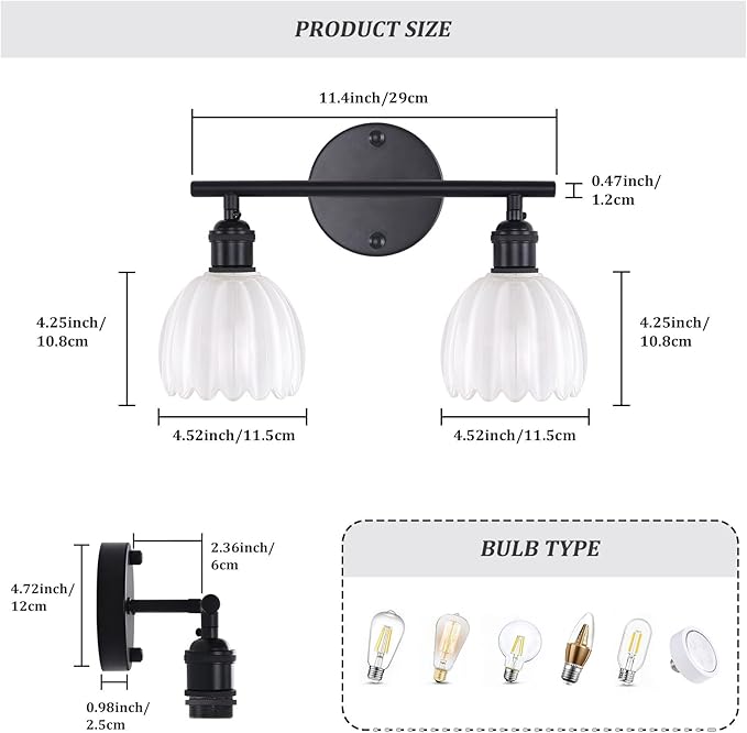 Bathroom Light Fixtures, 2-Light Black Vanity Wall Light Over Mirror with White Tulip Glass Shade for Bedroom Living Room