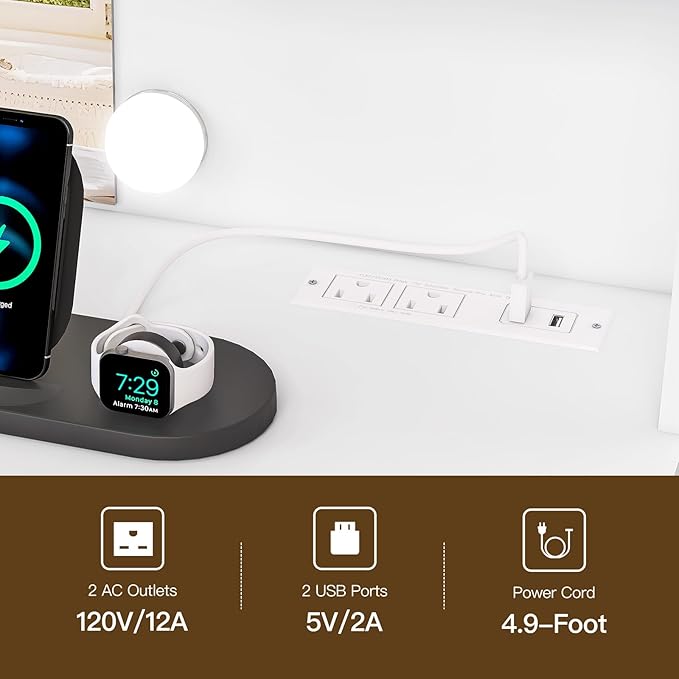 Large Makeup Vanity, 42.1" Vanity Desk with Mirror and Lights, Makeup Vanity Table with 7 Drawers, 4 Shelves, 5 Jewel Hooks & Power Strip, Vanity Desk Set for Bedroom, White