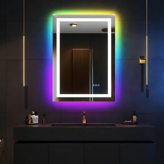 Antok 28"x 20" LED Bathroom Mirror with Lights, Anti-Fog, Dimmable, Lighted Vanity Mirror with Tempered Glass, Memory Function, 11 Light Modes, Safe Use, Horizontal, Vertical