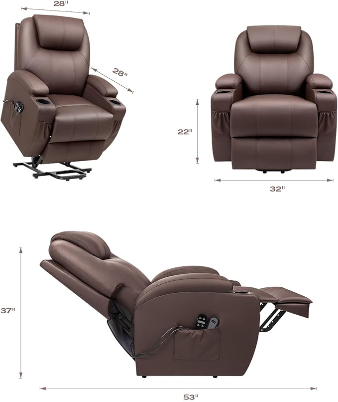 VICTONE Electric Power Lift Recliner Chair for Elderly Reclining Sofa for Living Room with Massage, Side Pockets and Cup Holders (Leather, Brown)
