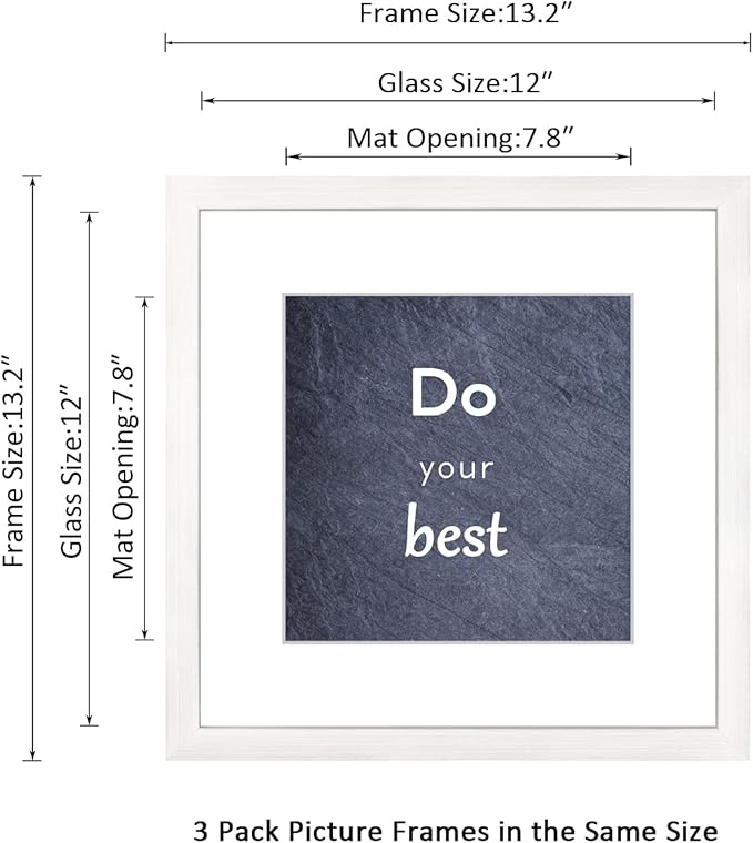 12x12 White Picture Frame Set of 3 for Pictures 8x8 with Mat or 12x12 Without Mat,Wall or Tabletop Gallery Photo Frames with Real Glass