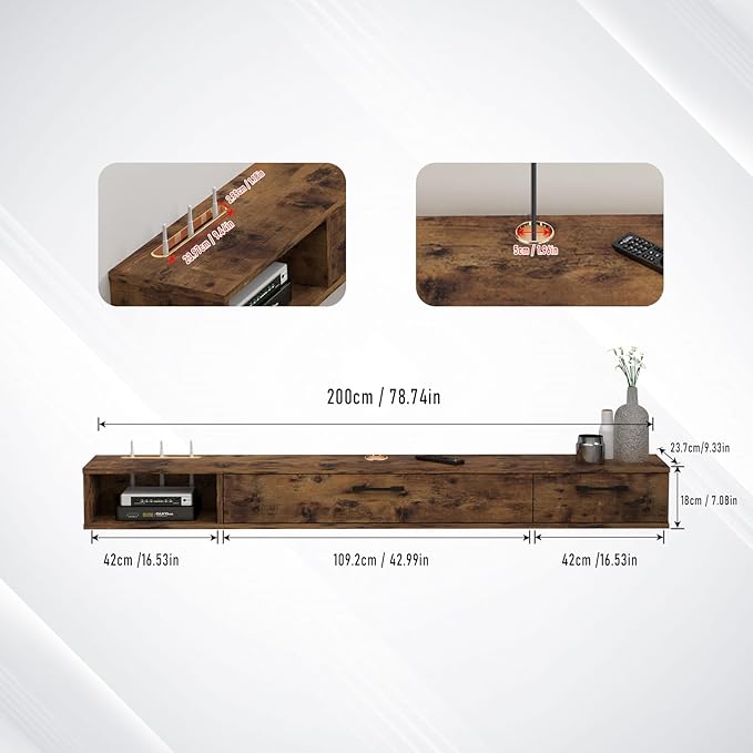 Pmnianhua Farmhouse Floating TV Stand with 2 Doors for TVs up to 80'',78'' Under TV Shelf Floating,Wall Mounted TV Shelf,Rustic Floating TV Console for Under TV(Rustic Brown)