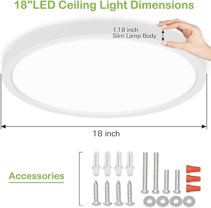 hykolity 18 Inch LED Round Flat Panel Light, White, 32W, 3200lm, 3000K/4000K/5000K CCT Selectable, 120°Beam Angle, Dimmable Edge-Lit Flush Mount Ceiling Light Fixture - ETL Listed