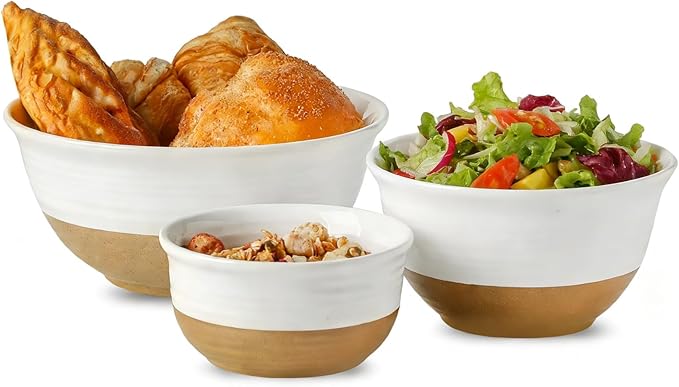 HASENSE Serving Bowls,Ceramic Mixing Bowls, Large Salad Pasta Bowls Set, 2.1/1.0/0.5 Qt for Entertaining, White Nesting Batter Bowls for Prepping Baking, Dishwasher Microwave Safe, Set of 3