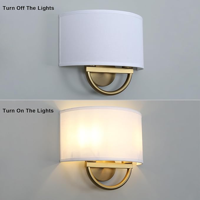 Yosoan White Fabric Cloth Boho Aged Brass Gold Wall Sconce Stairwell Fixture Light, 2-Light Dual Indoor Hardwired Vanity Vintage Wall Mount Lamp Antique Metal Base Semicircle Shade Lamp for Hallway