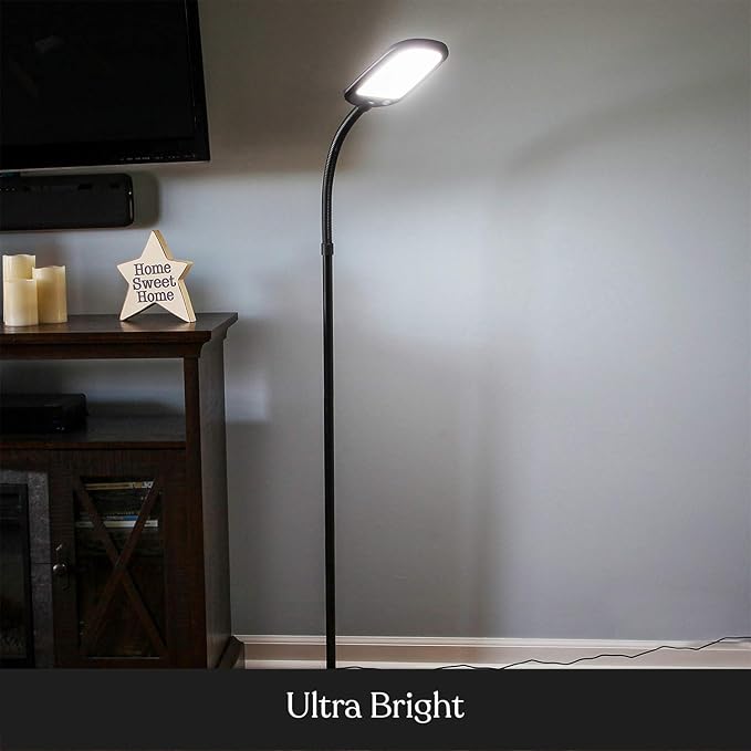 Brightech Litespan Slim LED Floor Reading Lamp - Tall with Adjustable Gooseneck, Dimmable for Living Rooms, Offices & Bedrooms - Black