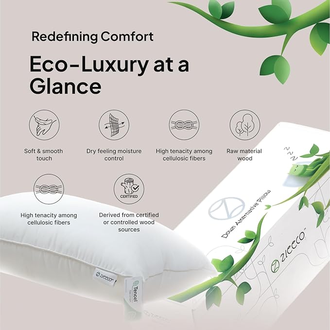 100% Tencel™ Lyocell Pillow & Pillowcase Set, Organic, Non Toxic, Hypoallergenic, Moisture-Wicking, Fluffy Pillows for Bed, Eucalyptus Fiber Cooling, Soft, 700 Fill Power - Standard - 20X26
