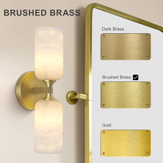 Alabaster Wall Sconce 14in Modern Spanish Natural Marble Bathroom Vanity Sconces, Antique Brass Sconces Wall Lighting, Gold Wall Light Fixtures Decor, for Bedroom Living Room Staircases Hallway