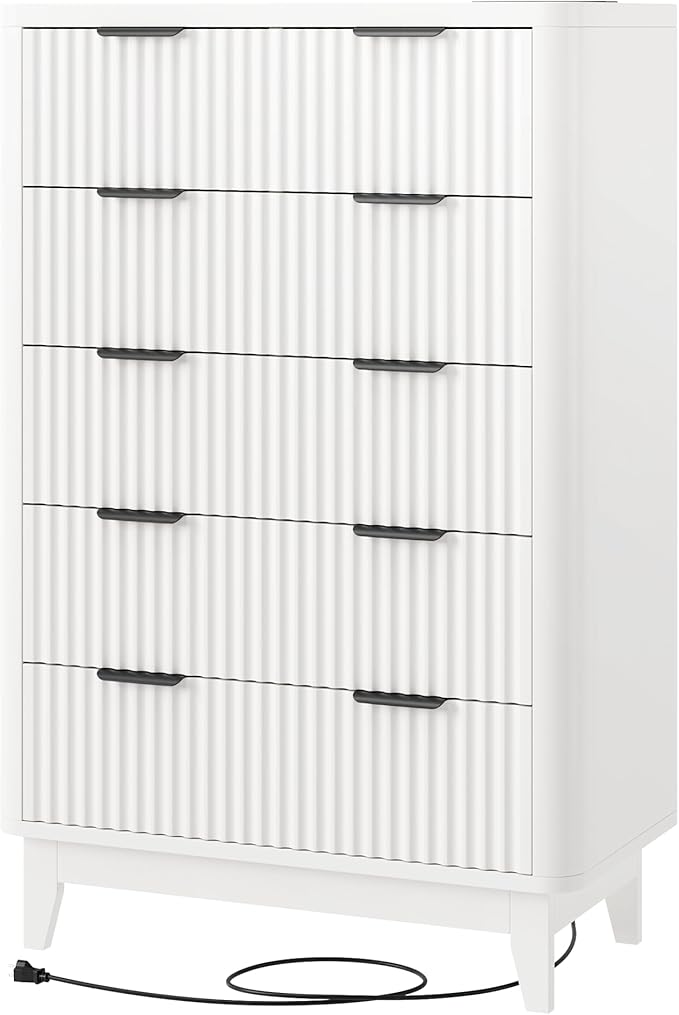 HAIOOU Fluted 5 Drawer Dresser with Power Outlet, Curved Profile Design, 47.4" Tall Chest of Drawers Vertical Wooden Clothing Organizer with Ample Storage for Bedroom, Closet, Hallway - Modern White