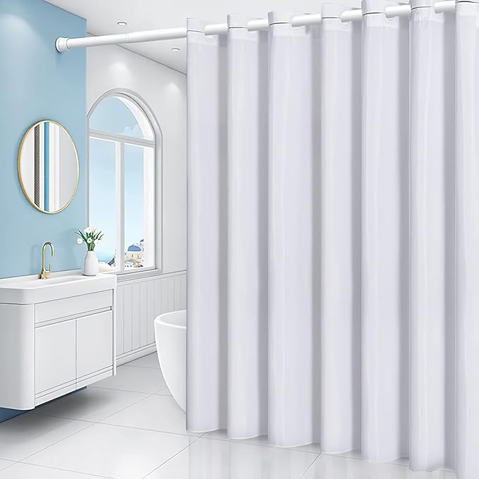 Furlinic White No Hook Small Stall Shower Curtain 48x78 Inch,Half Narrow Size Polyester Fabric Bathroom Curtains with 6 Plastic Split Grommets,Hotel Quality Waterproof Washable Bath Curtain