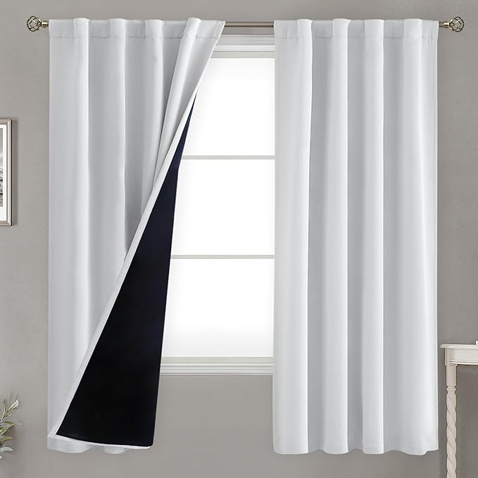 BGment Greyish White 100% Blackout Curtains 63 Inches Long with Thermal Insulated Liner, Rod Pocket and Back Tab Double Layer Full Room Darkening Window Drapes for Bedroom, 2 Panels,Each 38 x 63 Inch