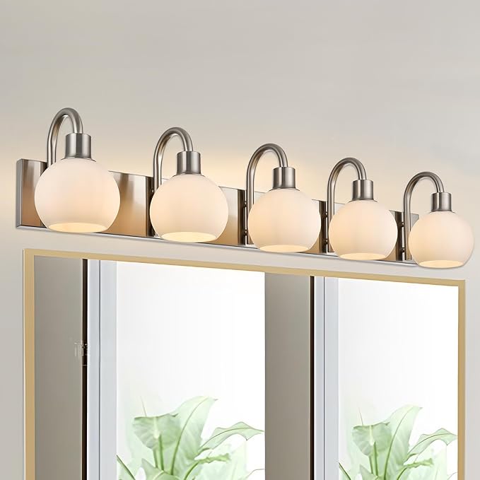 37 Inch Bathroom Light Fixtures, 5-Lights Modern Brushed Nickel Vanity Lighting with Milk White Globe Glass Shade, Bath Wall Mount Sconces for Over Mirror Kitchen