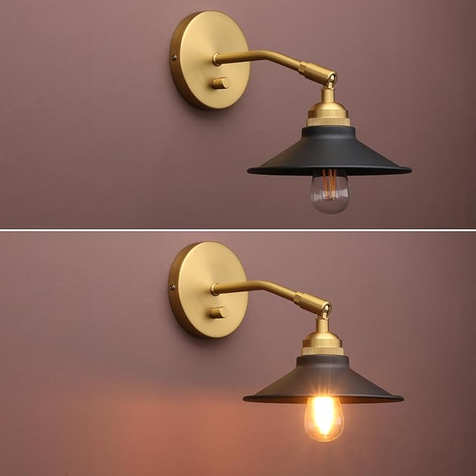 Yosoan Set of 2 Indoor Bedside Wall Sconce with On Off Switch, Hardwired Vanity Vintage Industrial Wall Mount Light, 340 Degree Angle with 7.1" Matte Black Shade for Reading Bedroom (Black-Antique)