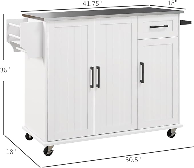 HOMCOM Kitchen Island with Storage, Rolling Kitchen Island on Wheels with Drawer, 3 Cabinets, Stainless Steel Countertop, Spice Rack and Towel Rack, White