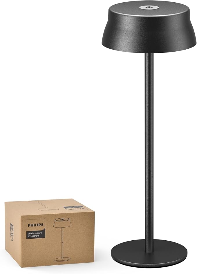 Philips Cordless Table Lamp, Portable Outdoor LED Desk Light,Rechargeable Battery Operated, 2 Adjustable Height, Touch Control & 3 Color Stepless Dimming, Waterproof Lamps for Restaurant/Bedroom
