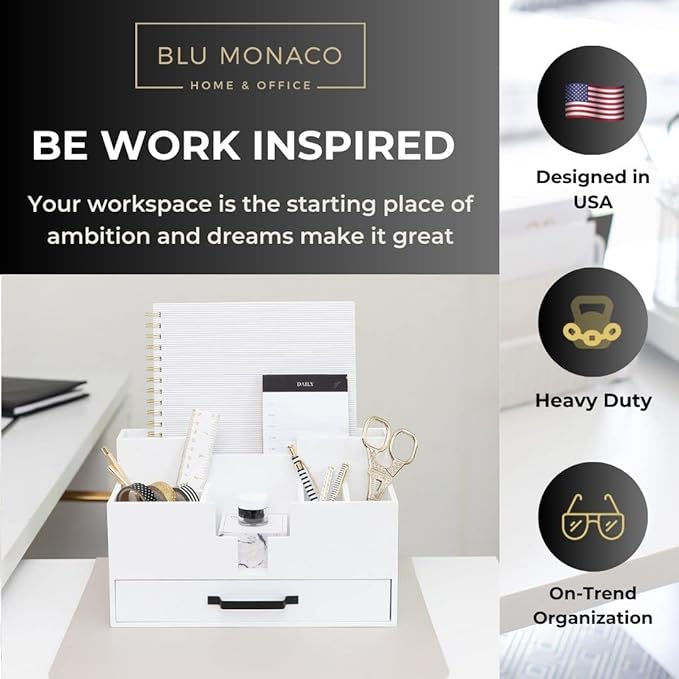 BLU MONACO White Wood Desk Organizer with Drawer – Home Office Accessories for Women – Compact Desktop Storage Solution