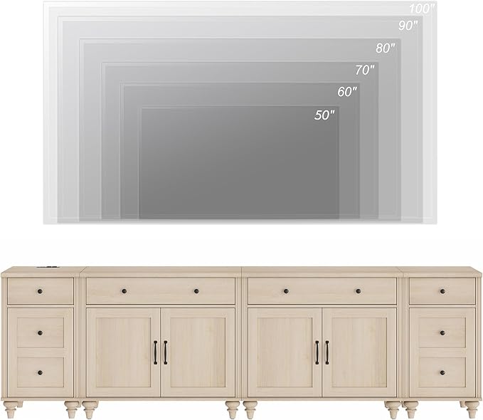 WAMPAT Farmhouse TV Stand for 100 Inch TV, 4-in-1 TV Console Table for 75/80/85/90 Inch TV, Entertainment Center with Charging Station, Kitchen Sideboard Buffet Cabinet for Dining Room, Light Oak