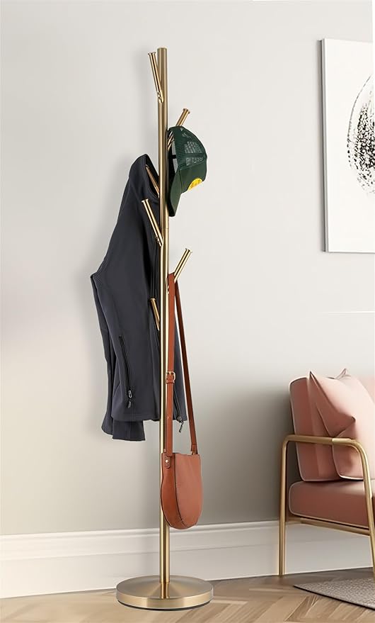 Kira Home Addison 68" Modern 6 Hook Free Standing Metal Coat Rack, Weighted Base, Cool Brass Finish