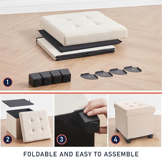 Ornavo Home 15 Inch Folding Storage Ottoman with Storage, Square Cube Linen Small Storage Ottoman Foot Rest Stool with Legs - Beige